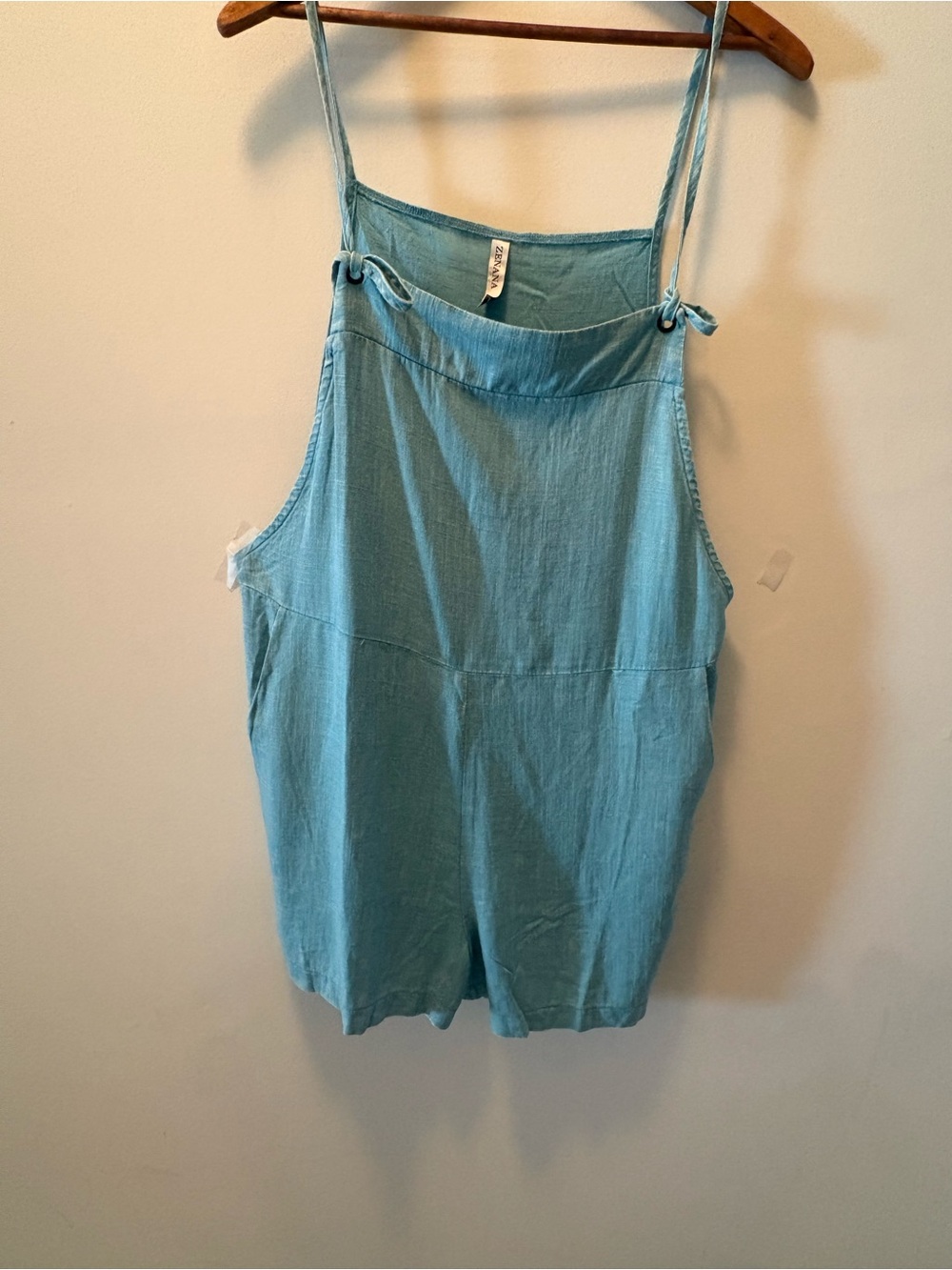 Zenana Romper Lg Women's Linen/Rayon  Aqua Spaghetti Strap with Pockets NWOT